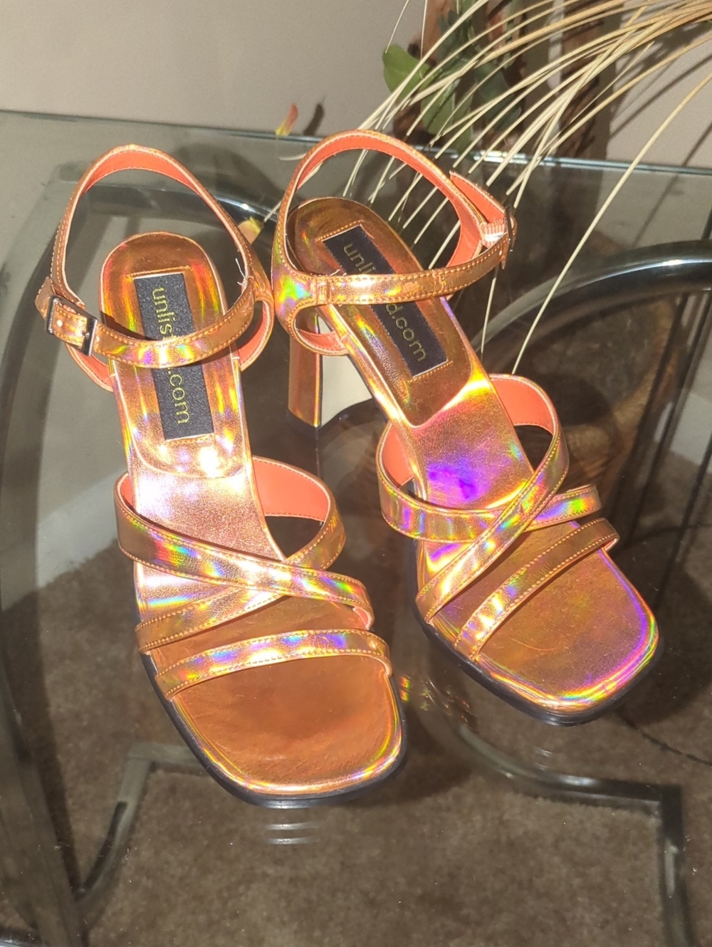 Unlisted Iridescent Orange Strap Block Heel Sandals